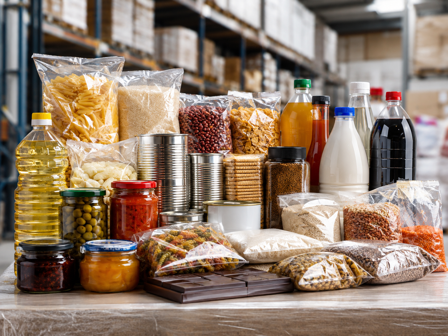 Packaged foodstuffs and bulk staples prepared for commercial distribution