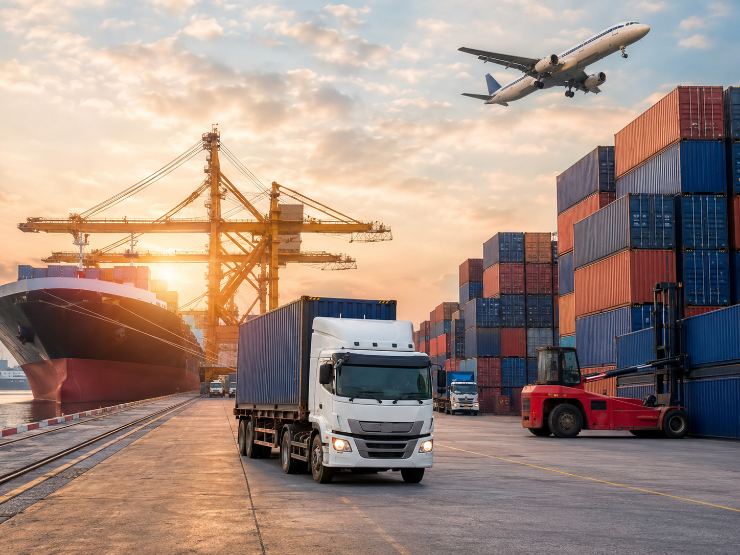 International logistics operation with cargo ship, trucks, containers and aircraft