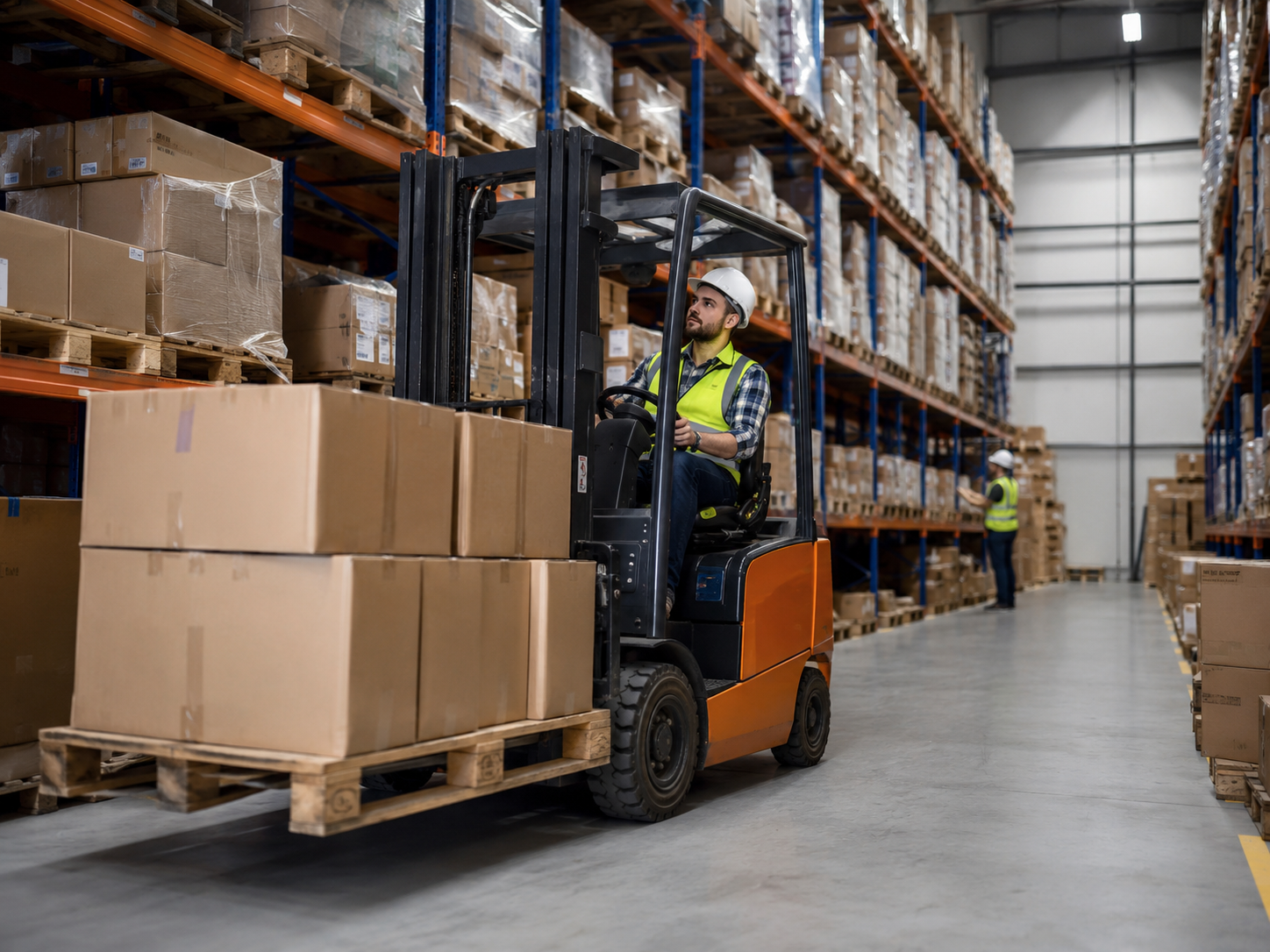 Forklift operator moving wholesale goods through a commercial warehouse